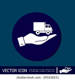 hand holding a Truck. Logistic icon. Transportation symbol. symbol icon laden truck. carriage of the goods or things