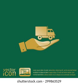 hand holding a Truck. Logistic icon. Transportation symbol. symbol icon laden truck. carriage of the goods or things