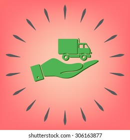 hand holding a Truck. Logistic icon. Transportation symbol. symbol icon laden truck. carriage of the goods or things