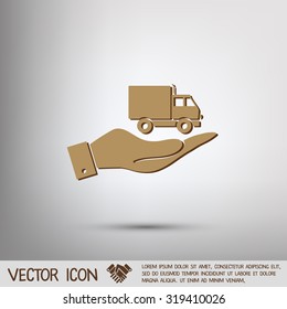 hand holding a Truck. Logistic icon. Transportation symbol. symbol icon laden truck. carriage of the goods or things