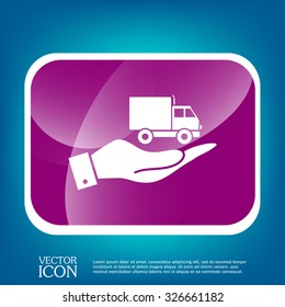 hand holding a Truck. Logistic icon. Transportation symbol. symbol icon laden truck. carriage of the goods or things