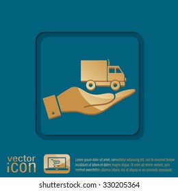 hand holding a Truck. Logistic icon. Transportation symbol. symbol icon laden truck. carriage of the goods or things