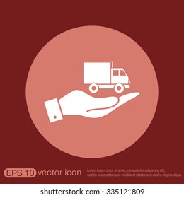 hand holding a Truck. Logistic icon. Transportation symbol. symbol icon laden truck. carriage of the goods or things