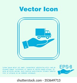 hand holding a Truck. Logistic icon. Transportation symbol. symbol icon laden truck. carriage of the goods or things