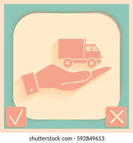 hand holding a Truck. Logistic icon. Transportation symbol. symbol icon laden truck. carriage of the goods or things