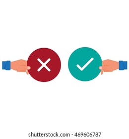Hand holding true and false sign. Positive and negative feedback concept. Yes or No icons flat design style. Cartoon Vector Illustration.