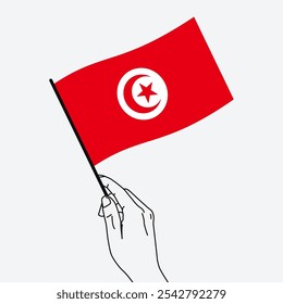 Hand holding Tunisia flag in line art drawing style. Tunisia hand Flag waving. Vector illustration