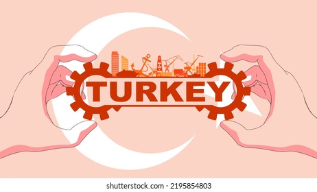 Hand holding Turkey country name with national emblem and commercial seaport icons