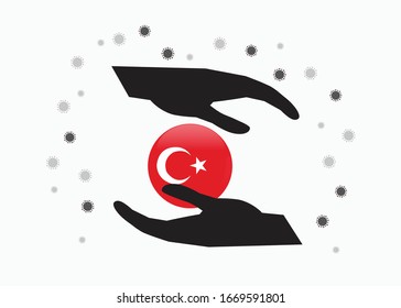 Hand holding Turkey flag in cycle symbol, Protect Turkish people from coronavirus  or COVID-19 concept, Save Turkey, sign symbol background, vector illustration. 