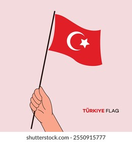 Hand holding Turkey flag in line art drawing style. Turkey hand Flag waving. Vector illustration