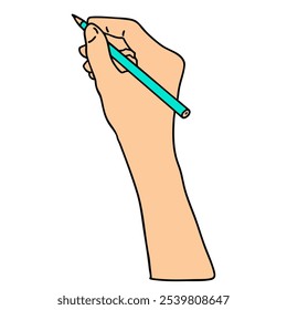 Une main tenant un crayon turquoise, prête à écrire ou dessiner, symbolisant la créativité et l'expression artistique