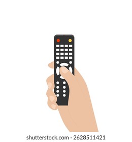 Hand Holding TV Remote Control Vector Illustration. A human hand holding a black television remote control. The remote is designed with various buttons.