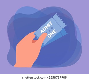Hand holding two blue retro movie tickets. Person going to cinema or movie theatre flat vector illustration. Cinema, entertainment, leisure concept for banner, website design or landing web page