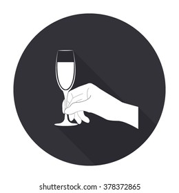 Hand Holding Two Champange Glass Icon With Long Shadow - Vector Round Button