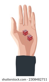 Mano con dos dados aislados en el fondo blanco