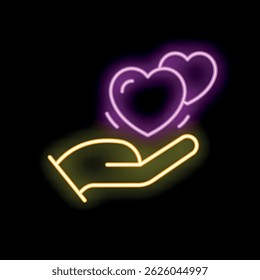 Hand is holding two glowing neon purple hearts on a black background