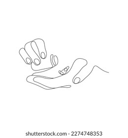 Hand holding two medical pills. One line art. Pharmacy, health care concept. Vector illustration.