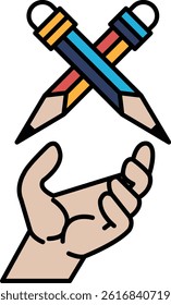 A hand holding two pencils with the word "pencil" written on the pencils. Concept of writing and the importance of using a pencil to do so