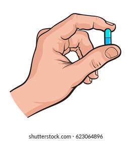 Hand holding two piece blue gelatin capsule by two fingers, side view sketch style vector illustration on white background. Drawing of hand holding pill, capsule, medicine by two fingers