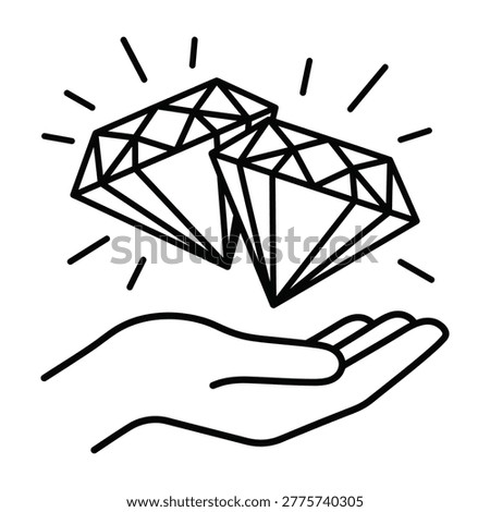 Hand holding two sparkling diamonds symbolizing luxury wealth value precious gemstones with brilliant cut, line art