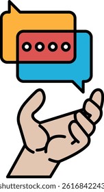 A hand is holding two speech bubbles, one blue and one red. The hand is positioned in a way that it is holding the two bubbles together
