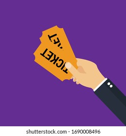 Hand holding two tickets.Conceptual vector illustration in flat style design.Isolated on background.