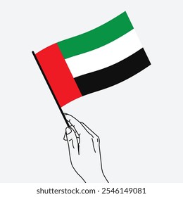 Hand holding Uae flag in line art drawing style. Uae hand Flag waving. Vector illustration