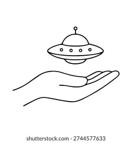 Hand holding a UFO line icon vector
Vector line icon on a white background