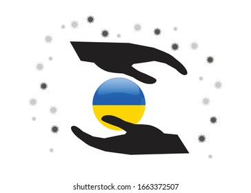 Hand holding ukraine flag in cycle symbol, Protect ukrainian people from coronavirus  or COVID-19 concept, Save Ukraine, sign symbol background, vector illustration. 