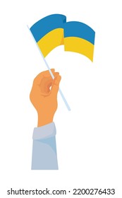 hand holding a ukraine flag over white