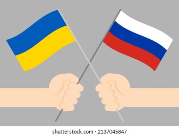 Hand holding Ukraine and Russia flag, Protest for Peace and Stop war concept, flat design illustration isolated on grey background with copy space, vector eps 10
