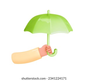 Hand holding umbrella. 3d realistic icon. Vector illustration in cartoon style