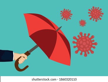 Hand holding an umbrella against the 2019 novel coronavirus pneumonia. Protection against virus attack. Vector illustration.