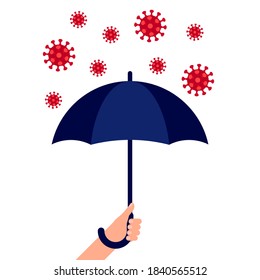 Hand holding an umbrella against coronavirus. Help, protection from virus. Vector