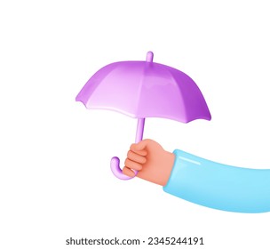 Hand holding umbrella. Autumn design element. 3d cartoon vector icon.