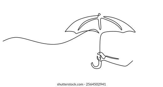 Hand holding an umbrella with falling rain in continuous line drawing. Depicting protection, resilience, and the strength to weather adversity. Vector illustration one line art minimalist.