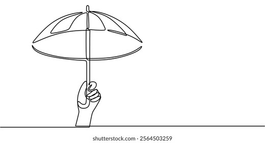 Hand holding an umbrella with falling rain in continuous line drawing. A symbol of protection, resilience, and weathering life storms. Vector illustration one line art minimalist.