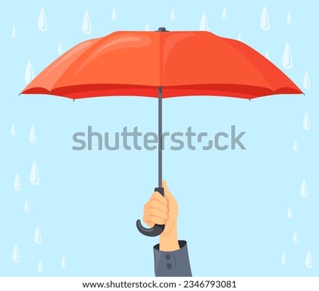 Hand holding umbrella. Guardian arm hold parasol handle in raining weather, business protection or insurance coverage outdoor storm protect cartoon neat vector illustration of secure from droplet