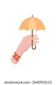 Hand holding an umbrella. Human hand grasping a safety item. Cartoon symbol of protection, sticker format, potential usage for safety campaigns or designs.