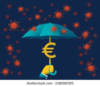 Hand holding an umbrella made with the Euro sign, while it rains covid-19 virus. Concept of economic protection from the effects of Coronavirus. Vector illustration