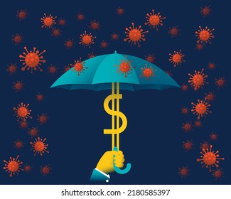 Hand holding an umbrella made with the US dollar sign, while it rains covid-19 virus. Concept of economic protection from the effects of Coronavirus. Vector illustration
