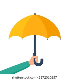 Hand holding umbrella on white background. Concept of insurance, home security, person guardian. Man holds umbrella. vector illustration