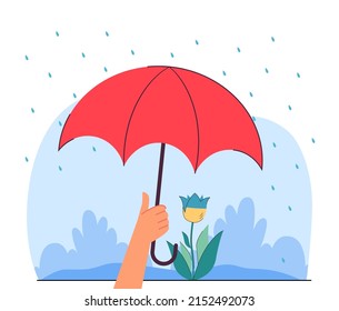 Hand holding umbrella over blue and yellow flower. People helping Ukraine, donating money, trying to stop war flat vector illustration. Support concept for banner, website design or landing web page