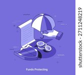 Hand holding umbrella over document and coin, next to shield for funds protecting and financial security concept. Linear isometrcic Vector illustration.