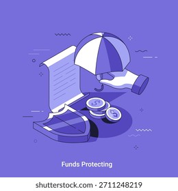 Hand holding umbrella over document and coin, next to shield for funds protecting and financial security concept. Linear isometrcic Vector illustration.