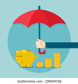 Hand holding umbrella to protect money. Vector illustration for financial savings concept. 