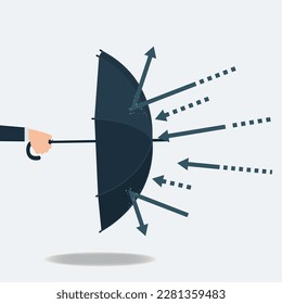 Hand holding and umbrella as a shield protecting from attacks. Financial protection concept illustration
