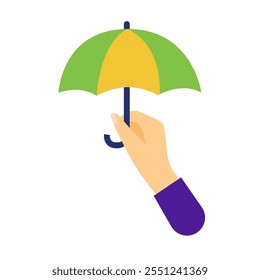 Hand holding umbrella, umbrella in hand. Vector simple color flat illustration.