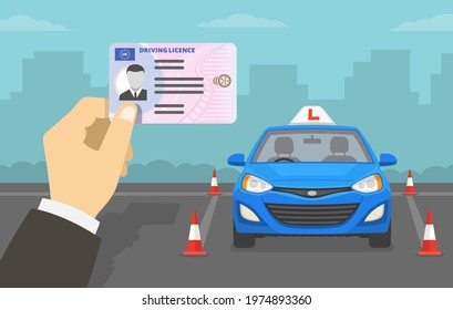 Hand holding a United Kingdom car driver license identification. Blue right-hand driving vehicle with red L plate on a roof. Flat vector illustration template.