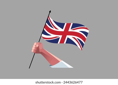 A hand holding an United Kingdom flag, UK vector illustration, Vector flag of UK, United Kingdom, Coloured British flag, Vector illustration of British flag
